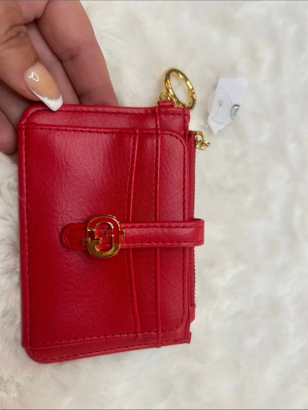 Red Leather Card Wallet Keyring with Gold Hardware